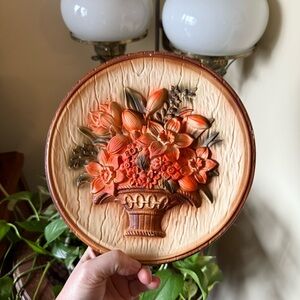 Vintage Floral Basket Chalkware Wall Plaque - Orange Bouquet